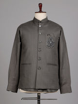 Slate grey ethnic waistcoat set with silver zardozi embroidery