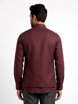 Deep maroon plum Nehru waistcoat set with floral crest