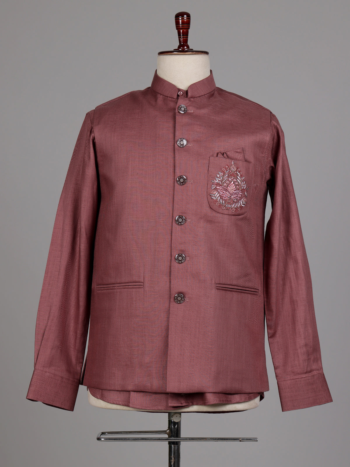 Dusty mauve wine bandhgala waistcoat set with embroidered crest