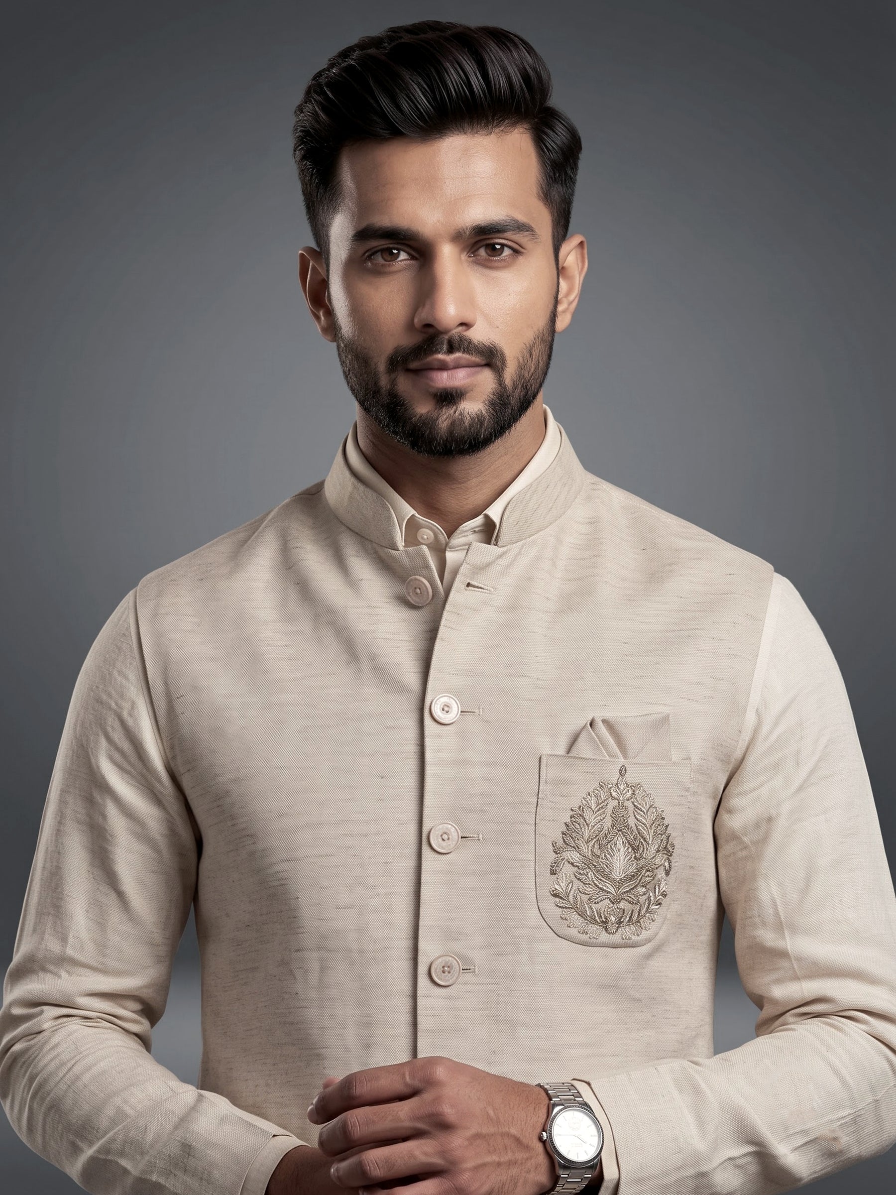 Cream ethnic waistcoat set with silver zardozi crest embroidery