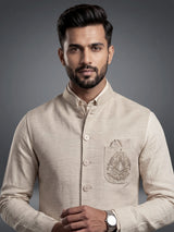 Cream ethnic waistcoat set with silver zardozi crest embroidery