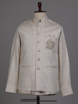 Cream ethnic waistcoat set with silver zardozi crest embroidery