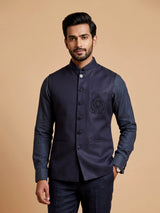 Midnight navy Nehru waistcoat set with royal crest embroidery
