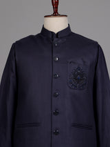 Midnight navy Nehru waistcoat set with royal crest embroidery