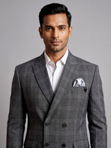 Charcoal grey glen plaid double breasted tailored blazer