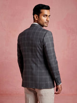 Charcoal grey glen plaid double breasted tailored blazer