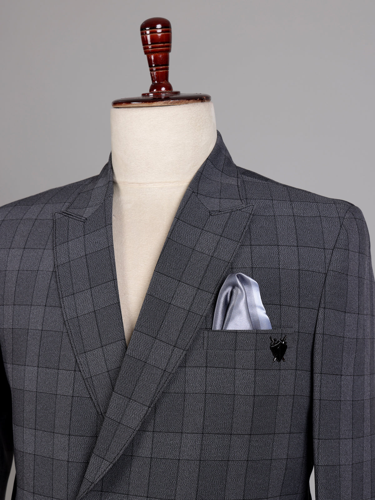 Charcoal grey glen plaid double breasted tailored blazer