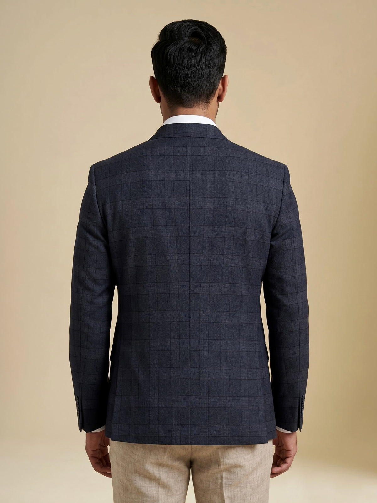 Midnight navy textured self weave double breasted blazer
