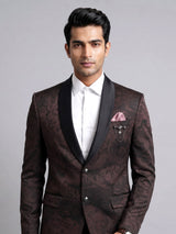 Deep Brown jacquard shadow floral shawl collar tuxedo blazer
