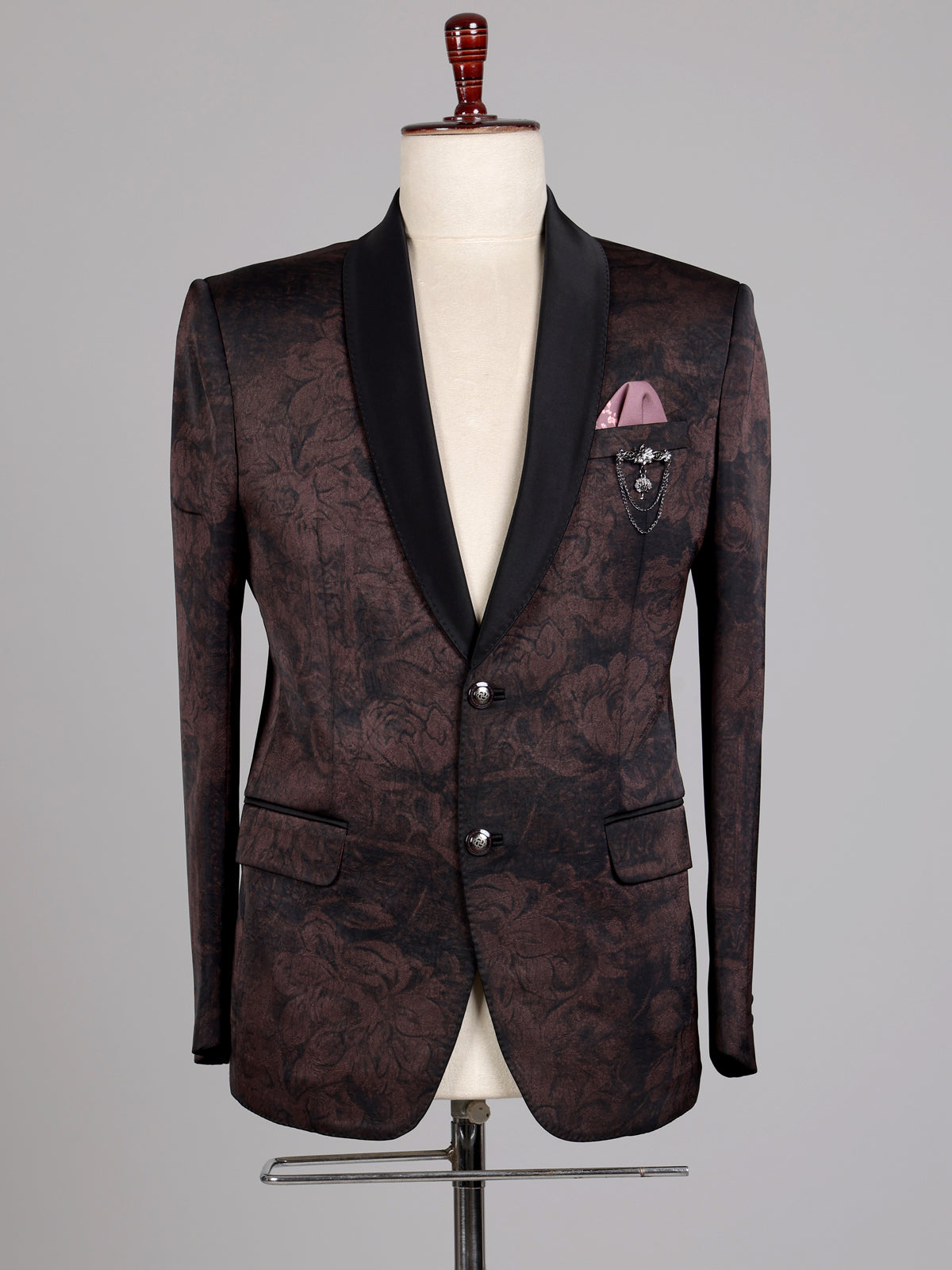 Deep Brown jacquard shadow floral shawl collar tuxedo blazer