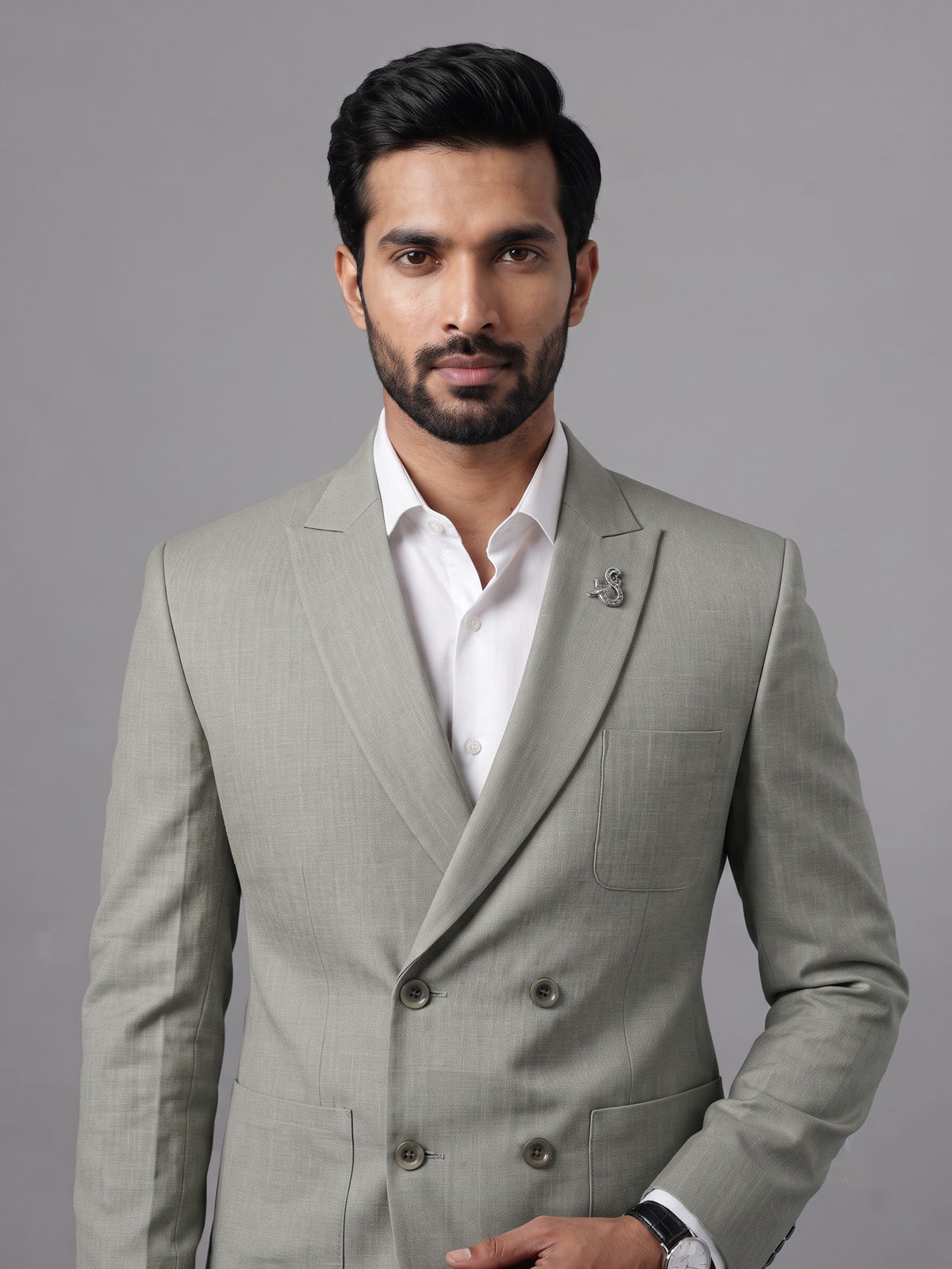 Grey micro textured double breasted formal blazer