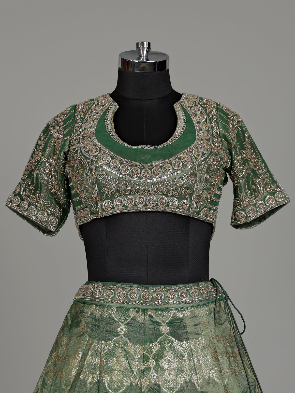 Mehendi green banarasi silk lehenga choli with embellished dupatta