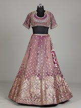 Purple banarasi silk lehenga choli with zari and mirror embellishments