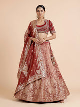 Red banarasi silk lehenga choli with sparkling embellished dupatta