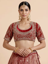 Red banarasi silk lehenga choli with sparkling embellished dupatta