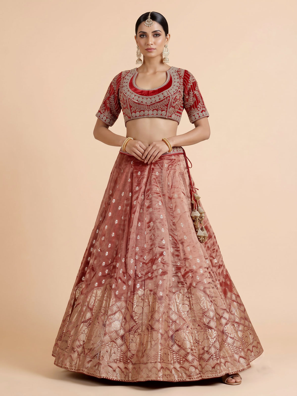 Red banarasi silk lehenga choli with sparkling embellished dupatta