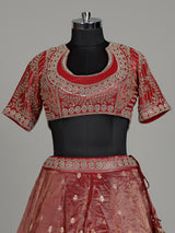 Red banarasi silk lehenga choli with sparkling embellished dupatta
