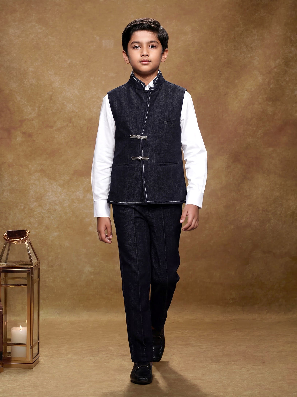 Navy blue boys waistcoat set with white shirt and trousers