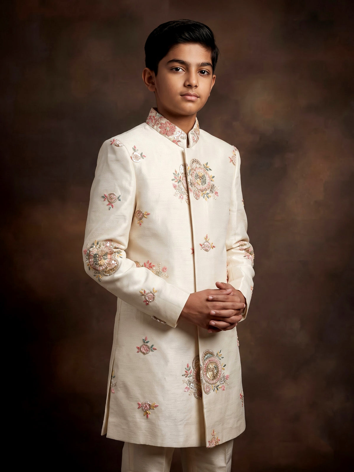 Off-white boys Indo-western sherwani with sage green stole