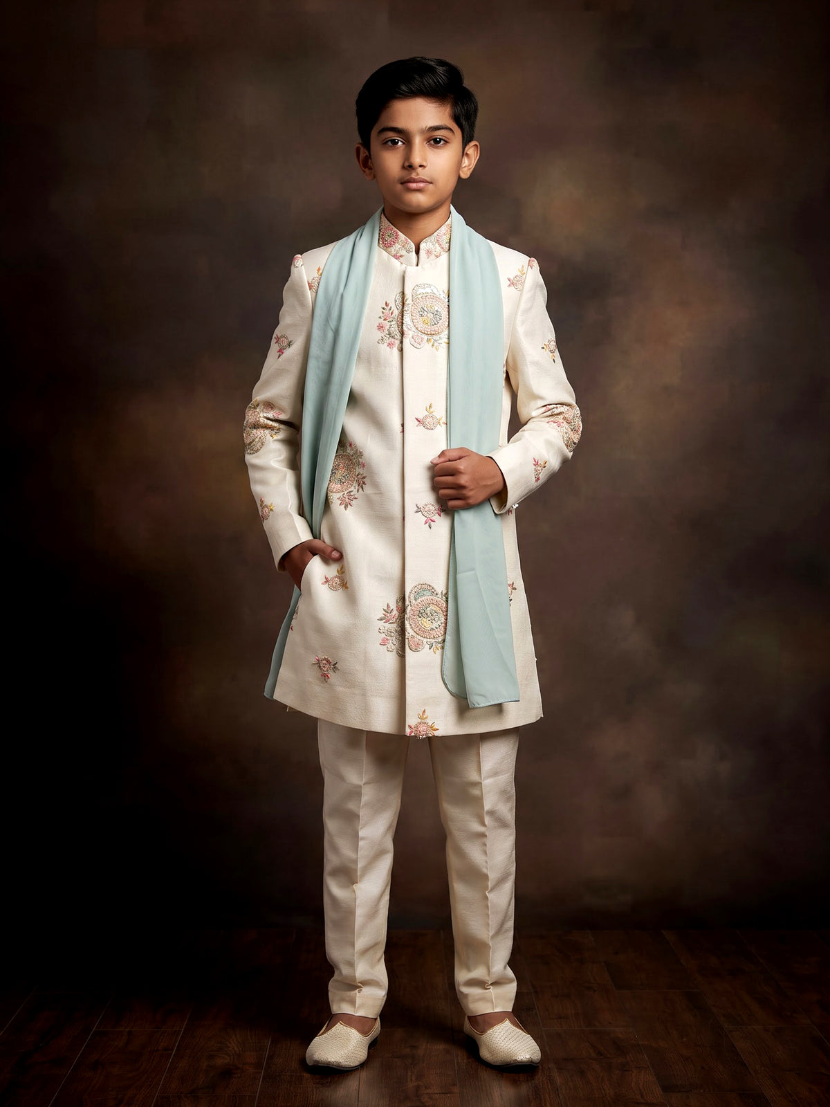 Off-white boys Indo-western sherwani with sage green stole