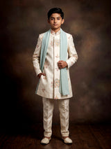 Off-white boys Indo-western sherwani with sage green stole