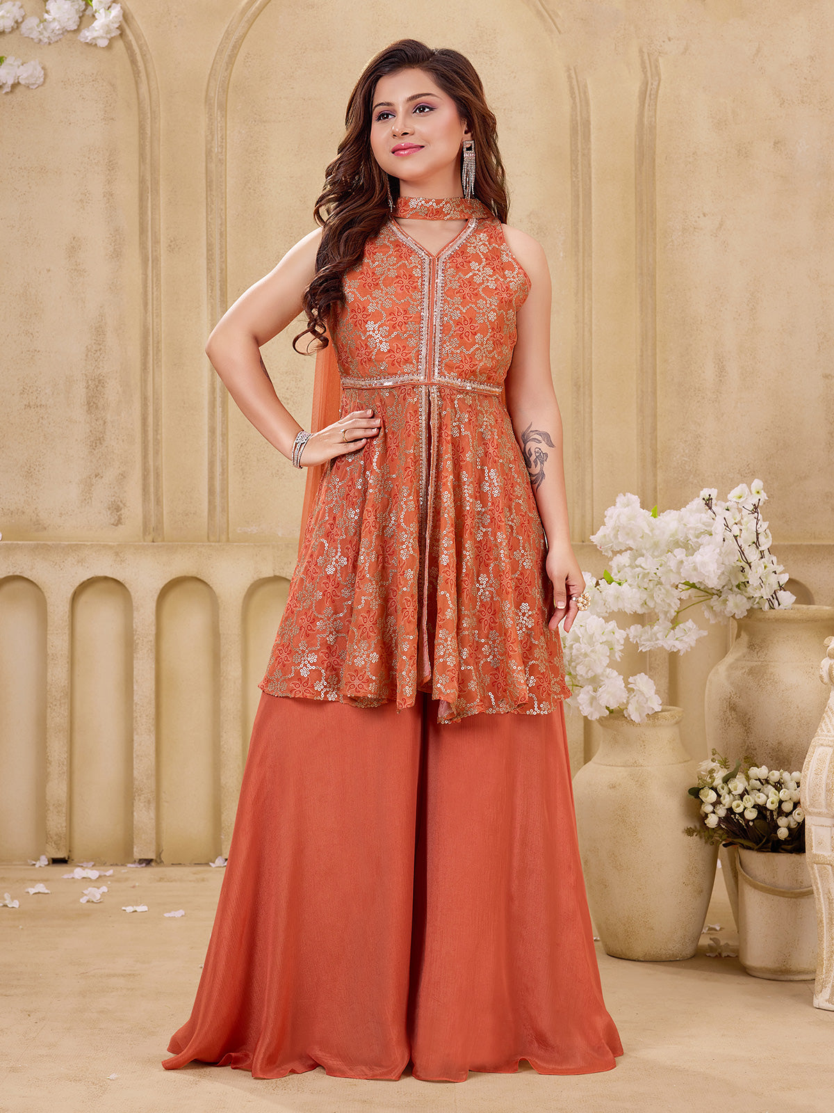 Rust orange festive girls palazzo suit