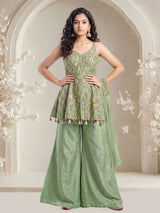 Green charming girls peplum palazzo suit