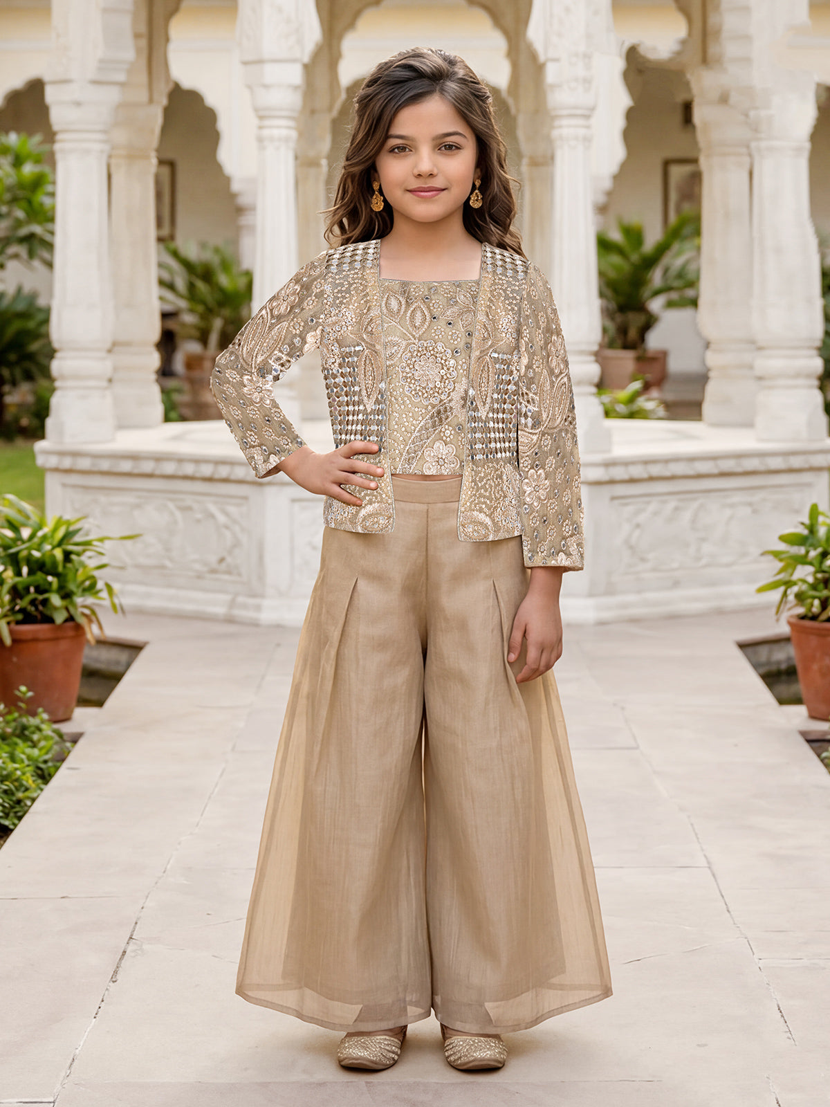 Beige chic girls palazzo suit with jacket