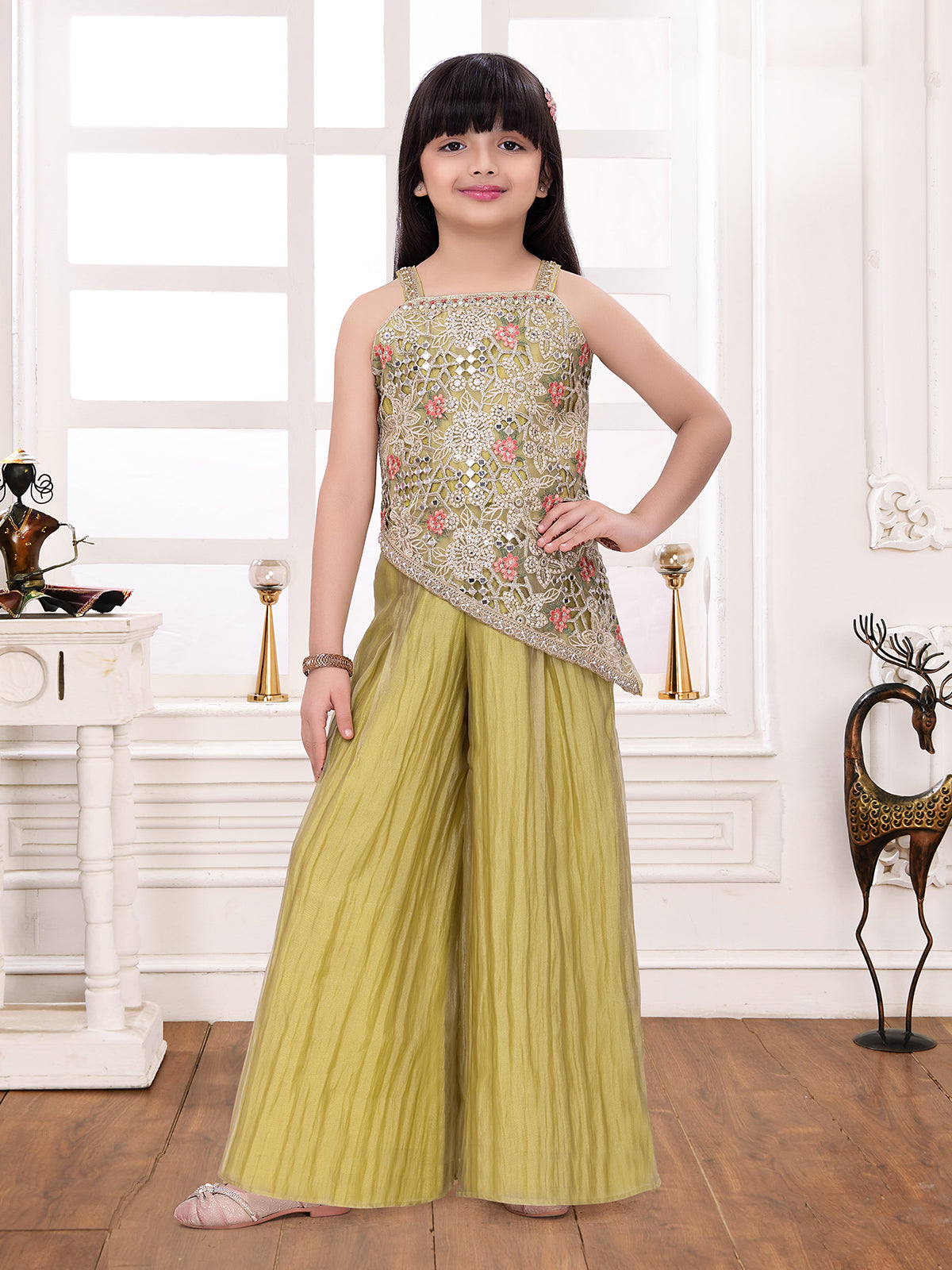 Green statement girls designer palazzo suit