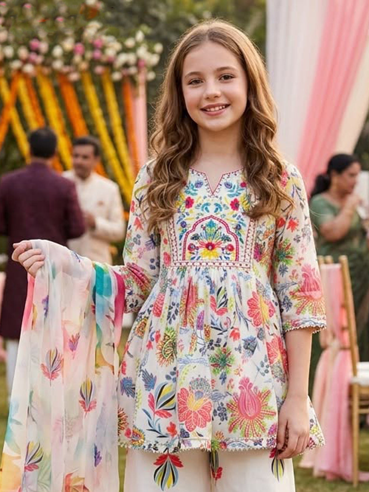 Multi colour artistic girls designer palazzo suit