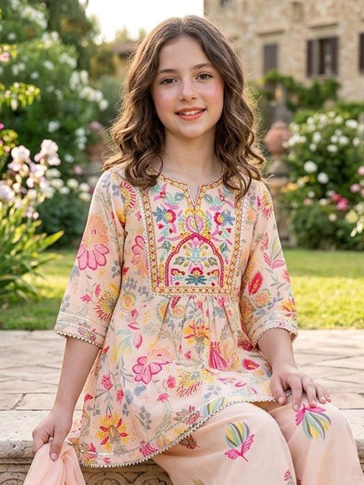 Light peach floral girls sharara suit