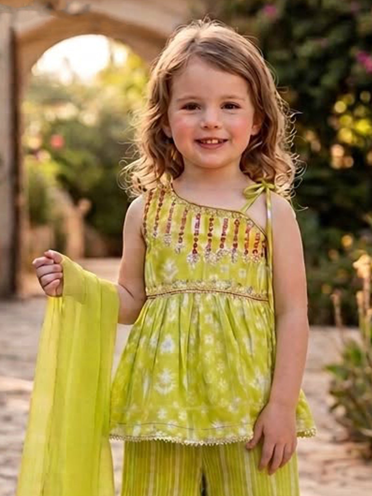 Green asymmetric girls palazzo suit with dupatta