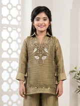 Olive designer girls palazzo suit with collar