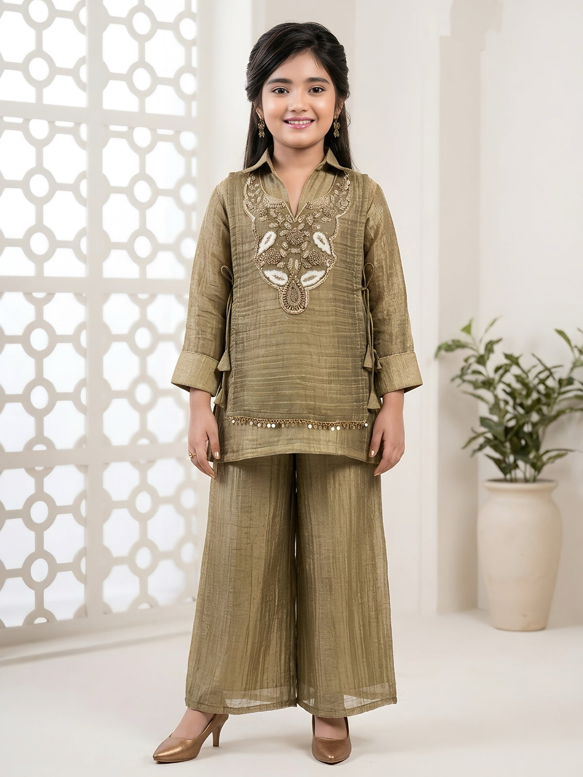 Olive designer girls palazzo suit with collar
