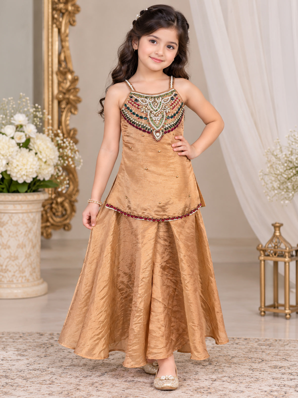 Brown luxurious girls designer palazzo suit
