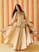 Beige silk designer lehenga choli with thread detailing