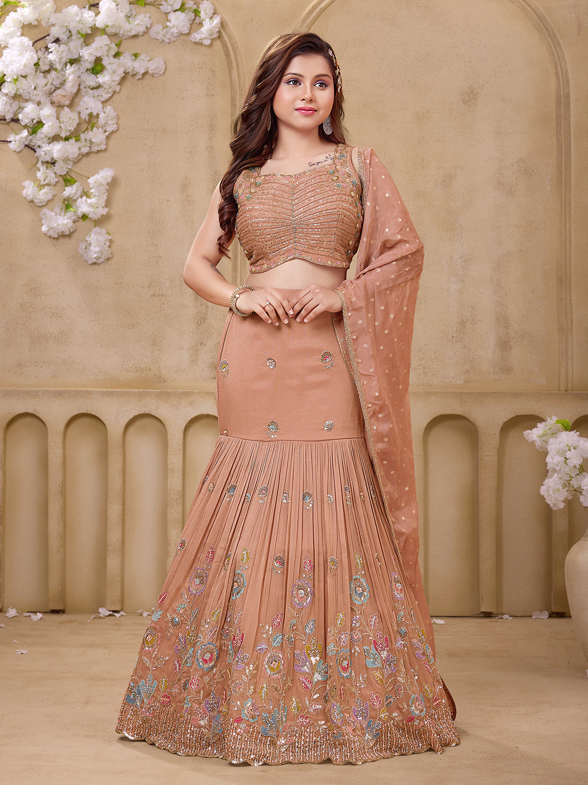 Peach glamorous girls lehenga choli with dupatta
