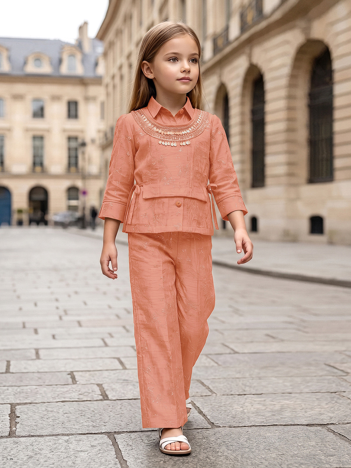 Dark peach embellished girls co-ord set