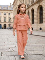 Dark peach embellished girls co-ord set