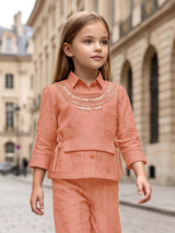 Dark peach embellished girls co-ord set