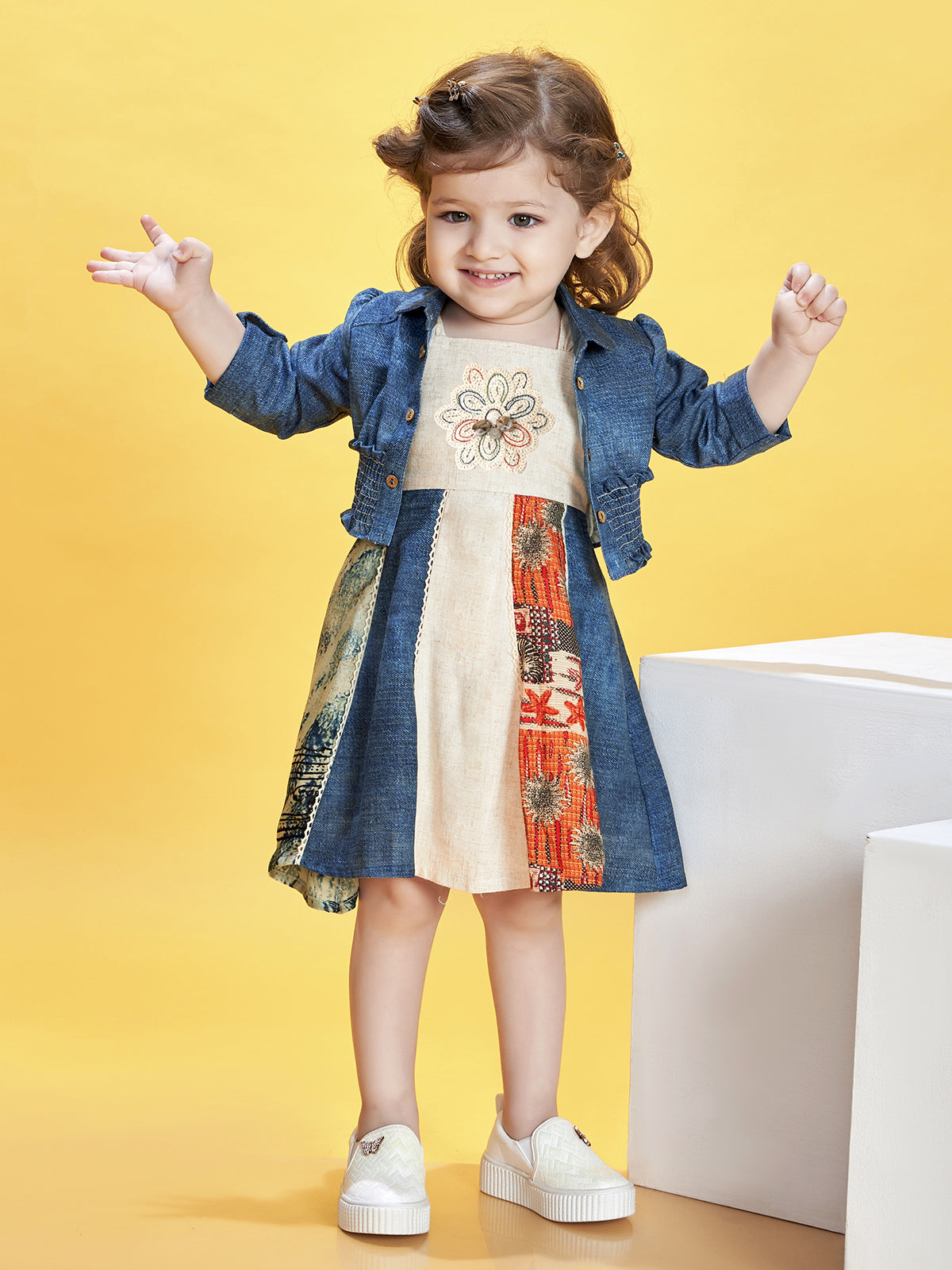 Off white ethnic patchwork girls denim jacket