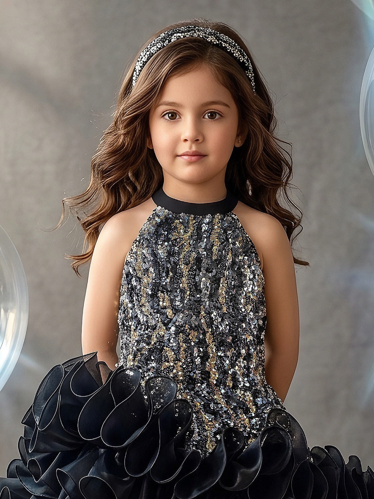 Black sequin waterfall girls dress