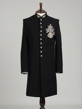 Black terry rayon embellished floral crest sherwani for mens weddings