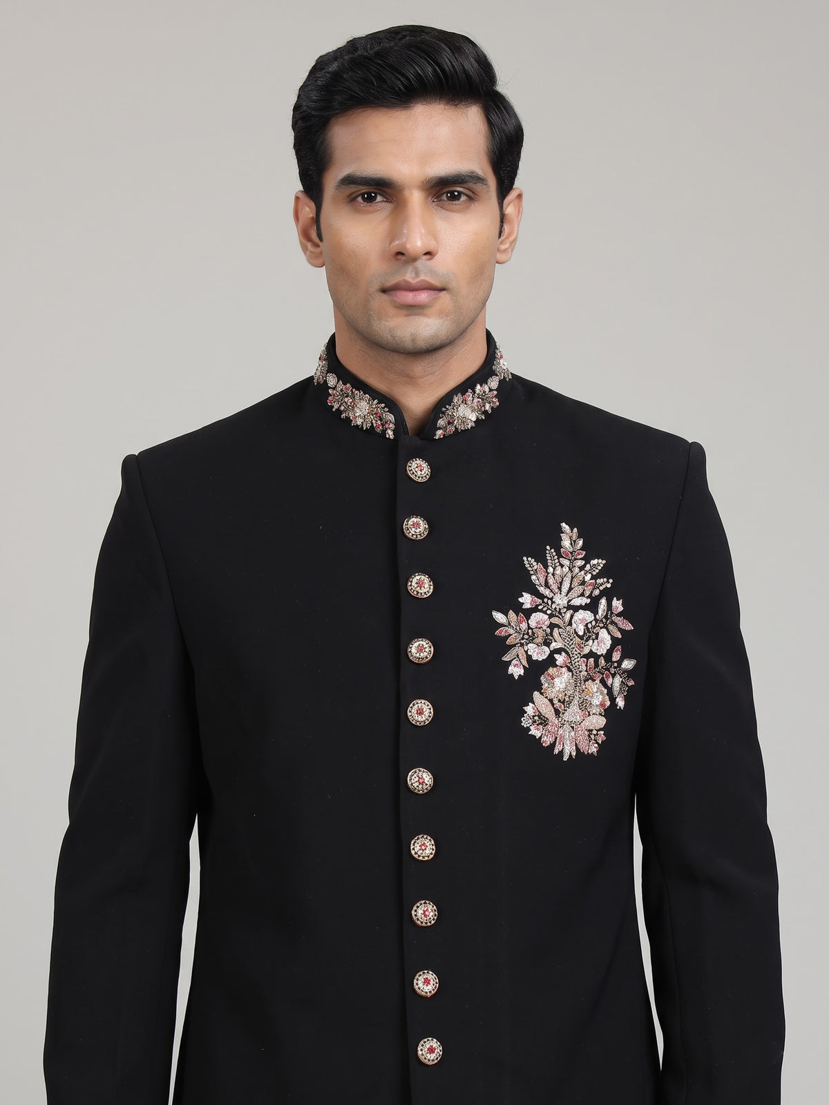 Black terry rayon embellished floral crest sherwani for mens weddings
