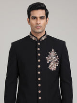 Black terry rayon embellished floral crest sherwani for mens weddings