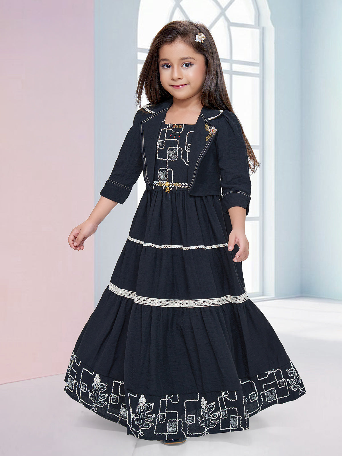 Black geometric embroidered girls gown jacket