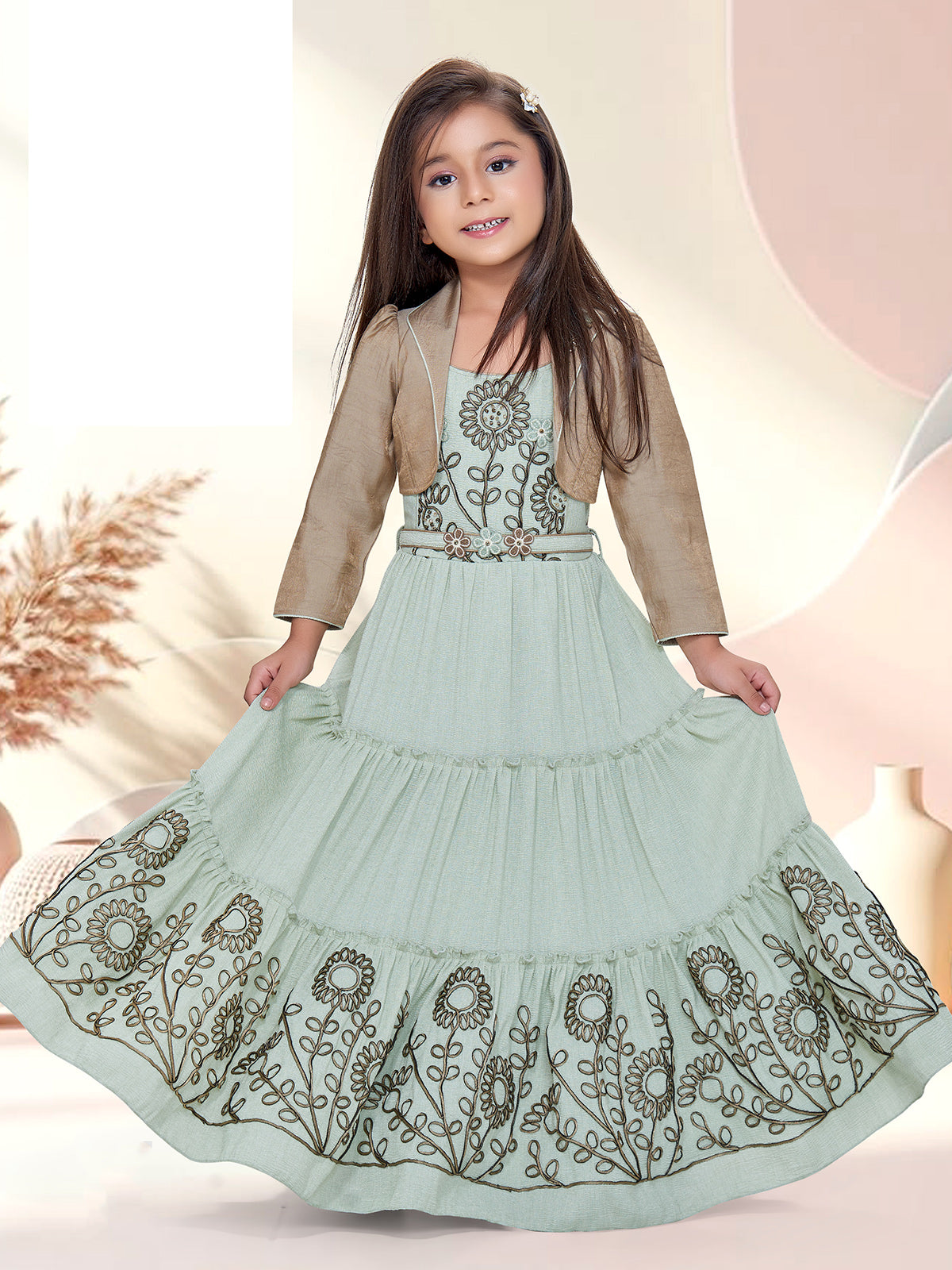 Sage green floral belt girls gown