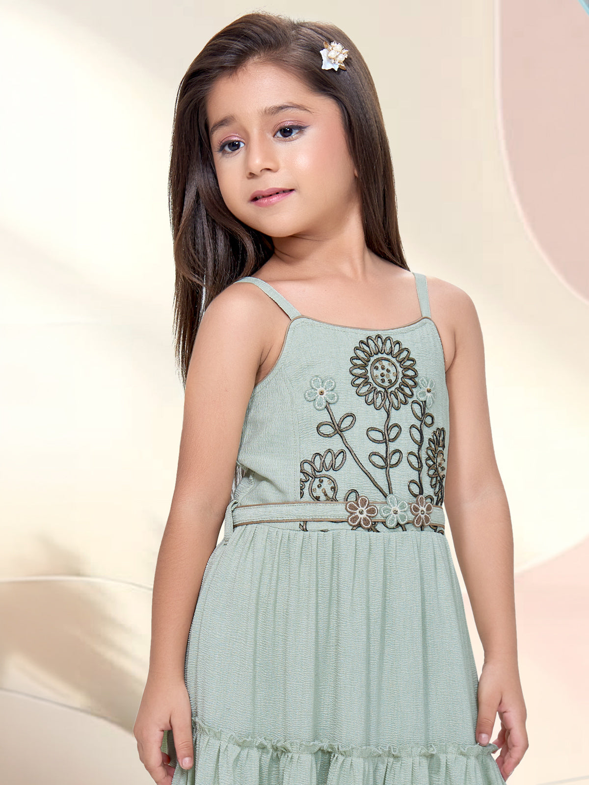 Sage green floral belt girls gown