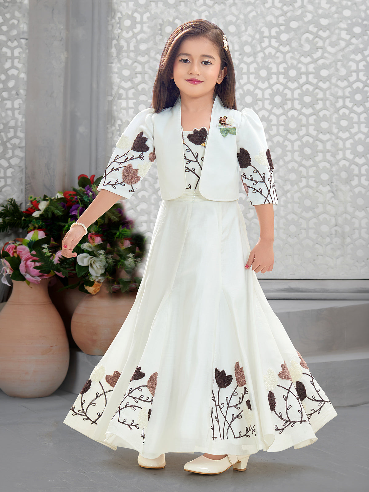 White floral embroidered girls gown jacket