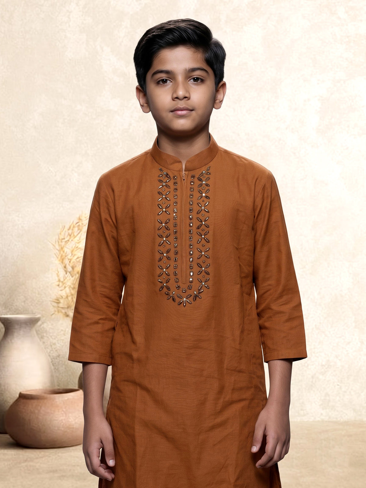 Rust brown cotton boys kurta pajama set with embellishments